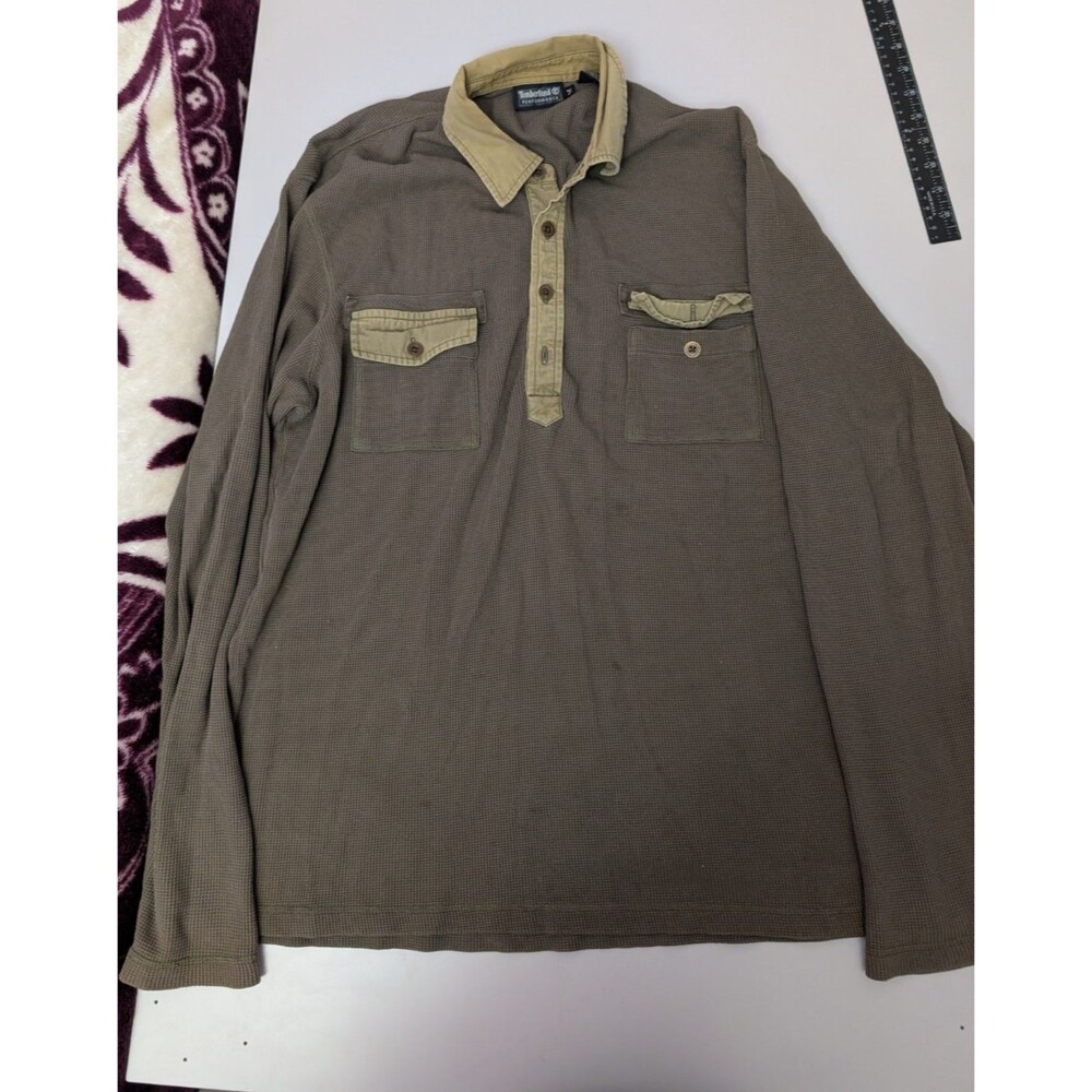 Timberland Performance Mens Medium Henley Shirt Waffle Knit Long Sleeve Brown M